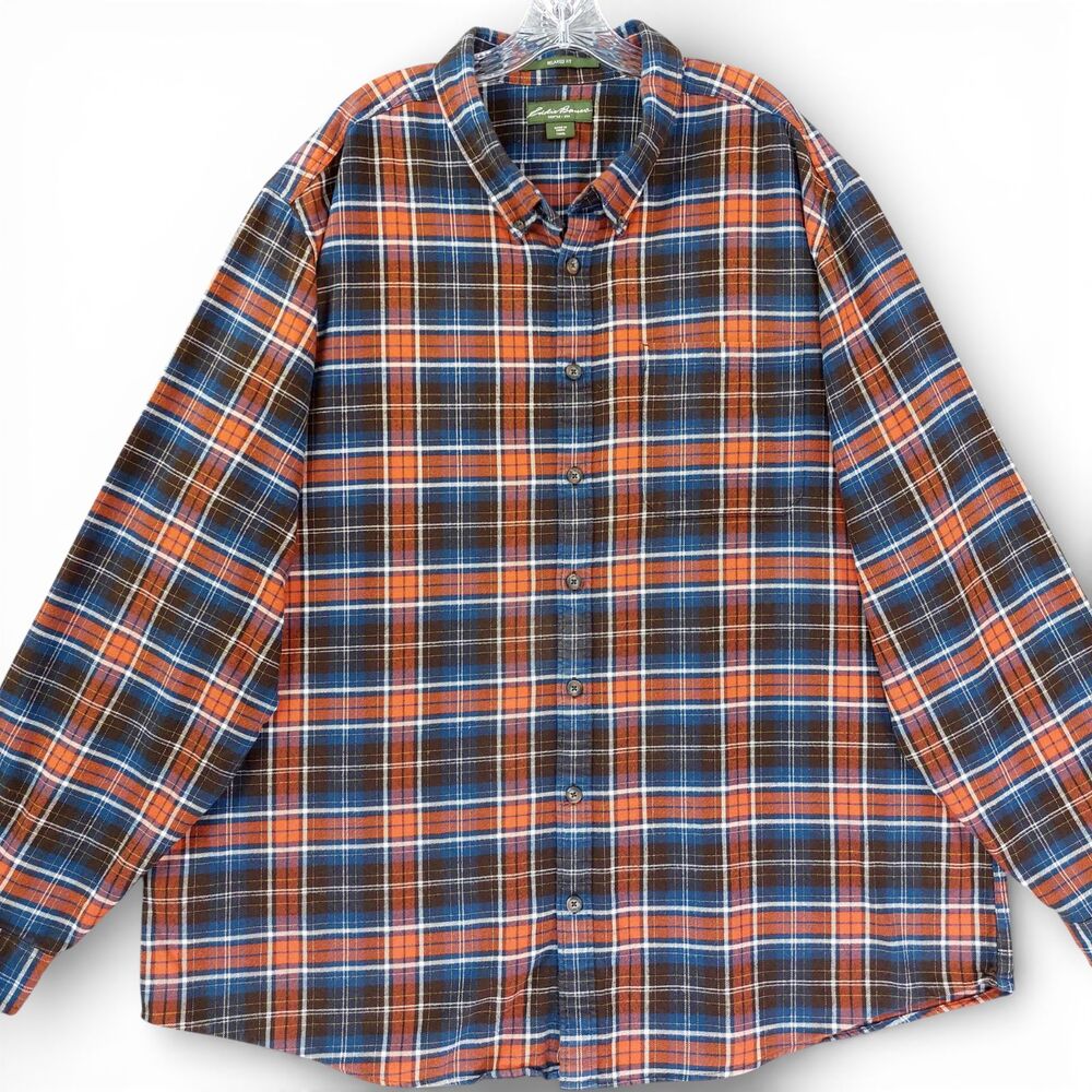 Eddie Bauer Relaxed Fit Plaid Flannel Shirt Mens TXXXL Blue Orange Button Down